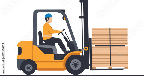 Forklift operator moving stacked lumber in a warehouse.