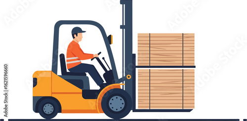 Forklift Operator Moving Stacked Wooden Pallets in Warehouse.