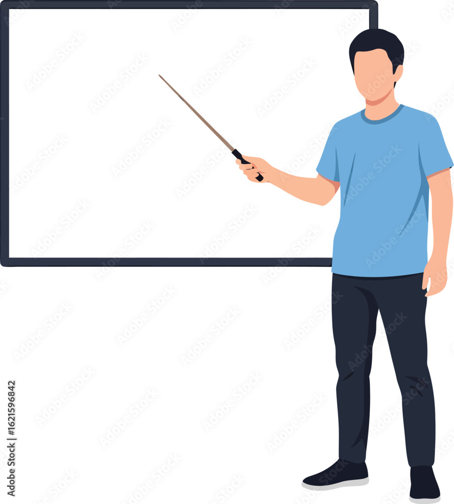 Man in blue shirt pointing at a blank whiteboard with a pointer stick. Man in blue shirt pointing at a blank whiteboard with a pointer stick.