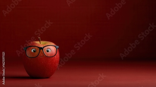 Funny Apple With Glasses Smiles Cheerfully Against Red Background