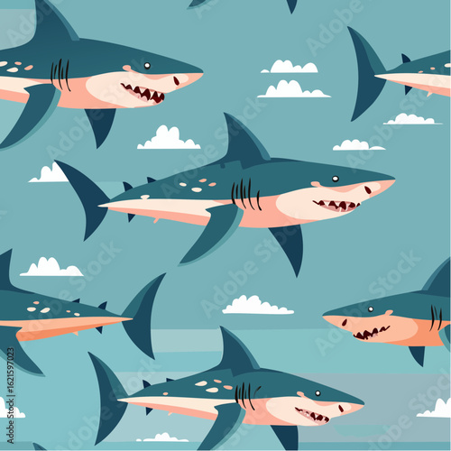 Shark seamless pattern. Hand-drawn vector sharks repeat pattern background.
