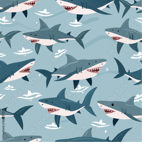 Shark seamless pattern. Hand-drawn vector sharks repeat pattern background.