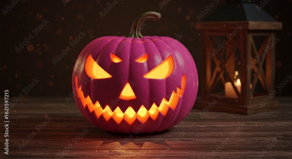 Obraz premium pooky pink jack-o'-lantern with sinister grin glows on wooden table. Beside it, vintage lantern casts warm light, surrounded by autumn leaves, eerie Halloween scene for greeting card, banner