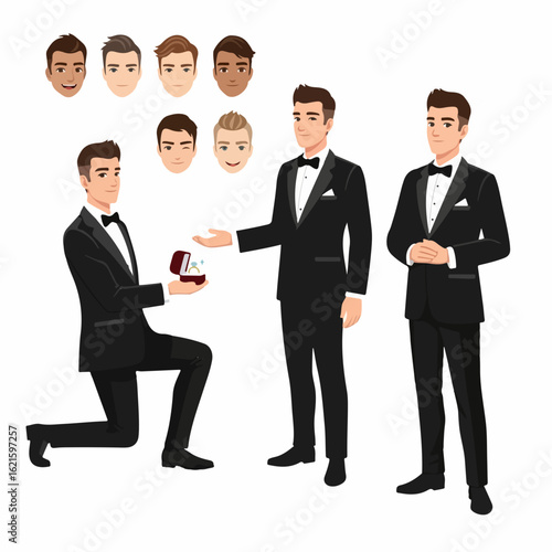 Elegant grooms proposing marriage with ring, diverse groomsmen, wedding, love and commitment celebration