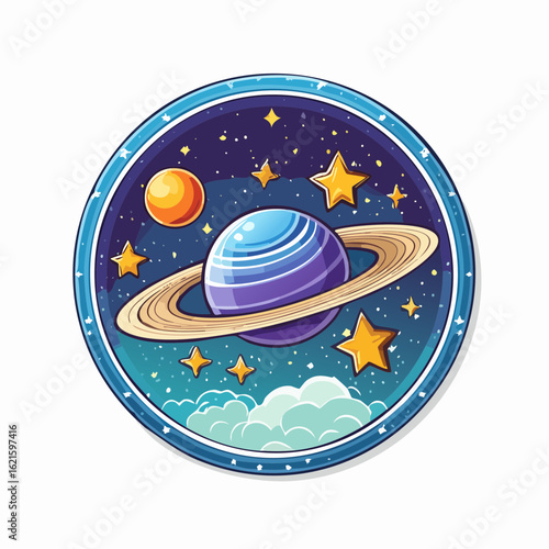 Whimsical cosmic adventure round sticker displaying ringed planet and celestial bodies