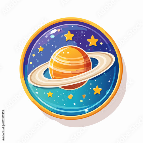 Stylized Saturn Planet Illustration with Rings and Stars on a Cosmic Background Badge