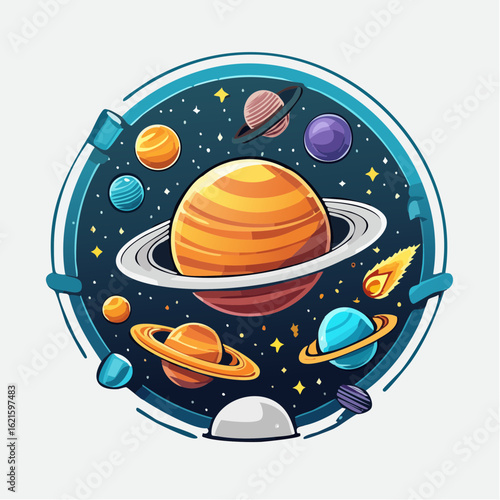Cartoon solar system illustration displaying planets, comets and orbiting around a ringed planet
