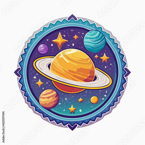 Whimsical planetary emblem: Cartoon illustration of saturn and celestial bodies in space