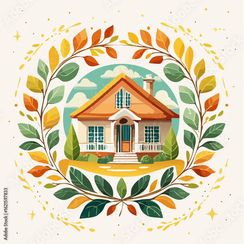 Charming Home Illustration Surrounded by Autumn Leaves Wreath with Warm Color Palette
