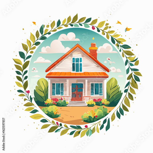 Charming watercolor house amidst a vibrant floral wreath, depicting a cozy home scene
