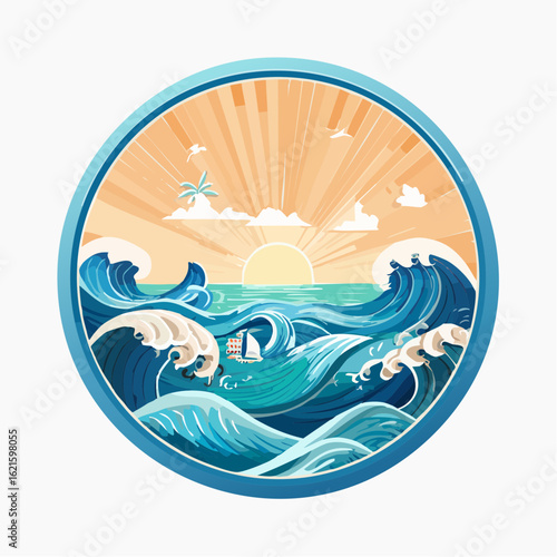 Seascape with Majestic Waves, Sailboat, and Tropical Sun in Circular Design Element