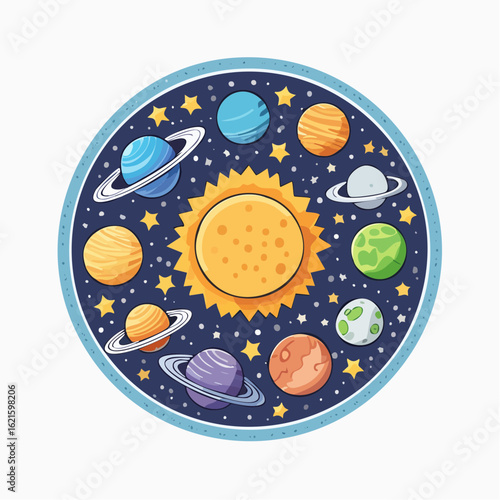 Cartoon Solar System Depiction Featuring Planets and the Sun in a Circular Layout