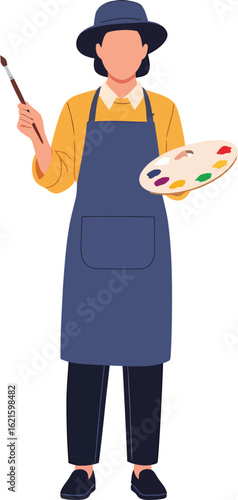 Artist holding paintbrush and palette wearing hat and apron.