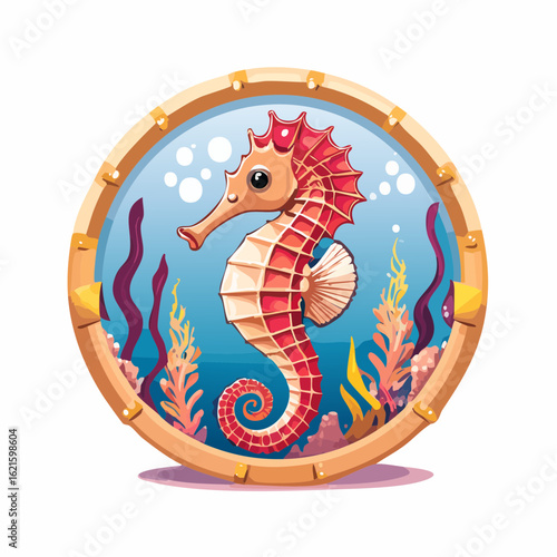 Charming seahorse illustration within a round frame evoking an underwater scene