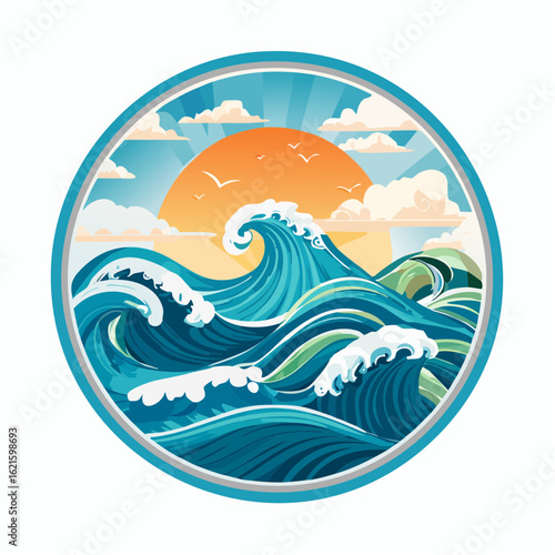 Circular ocean wave illustration with a vibrant sunset and stylized design elements