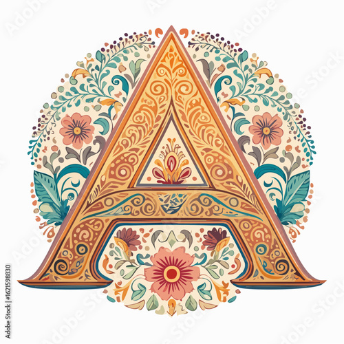 Ornate Letter A Illustration with Floral Accents and Intricate Patterns in Warm Tones