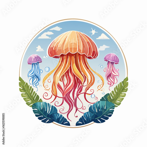 Artistic depiction of jellyfish in a tropical marine environment, featuring vibrant colors