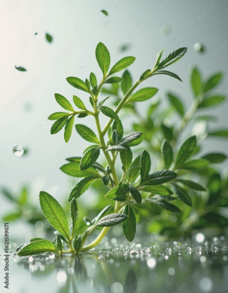Obraz premium Fresh tarragon sprigs with narrow leaves and anise-scented particles