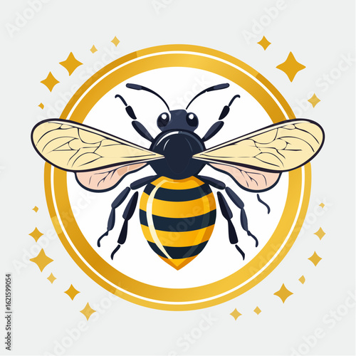 Illustrated Honeybee Icon Surrounded by Golden Circle and Sparkling Star Accents in Elegant Design