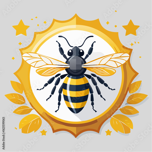 Illustrative honeybee emblem featuring a stylized design within a golden circular frame
