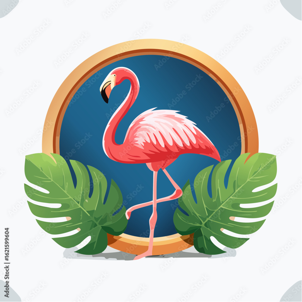 Obraz premium Elegant Flamingo Illustration with Tropical Leaves and Golden Frame Background
