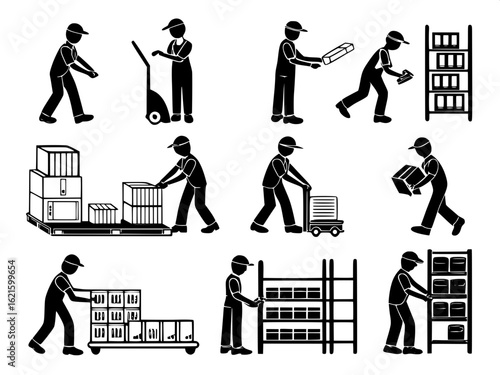 A set of twelve black and white icons representing different warehouse workers. Each icon shows a stick figure engaged in tasks like scanning barcodes, stacking shelves, moving pallets, or organizing 