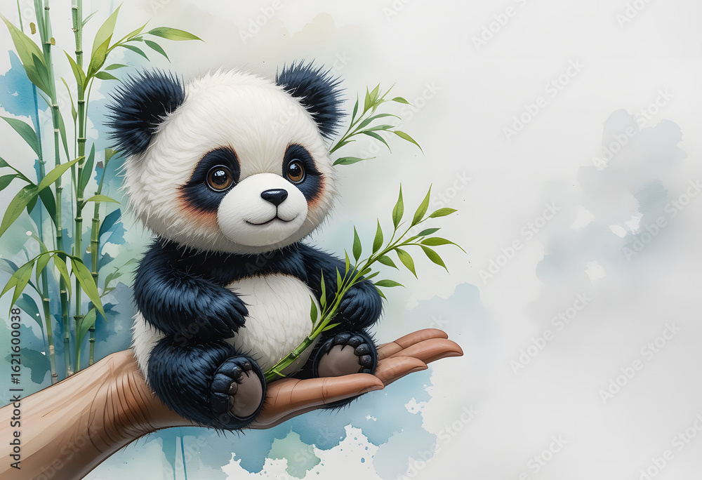 Fototapeta premium Charming and fun watercolor art featuring a cute panda enjoying a bamboo stick, against a soft, colorful backdrop.