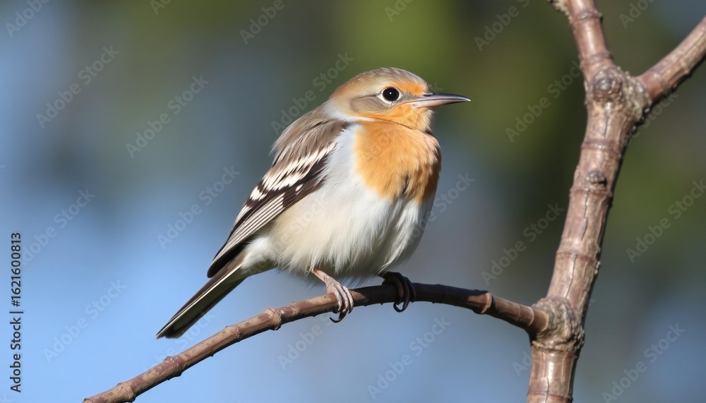 Fototapeta premium A small songbird with orange breast and white belly perched on a branch, vivid detail and bokeh background, wildlife photography in natural light