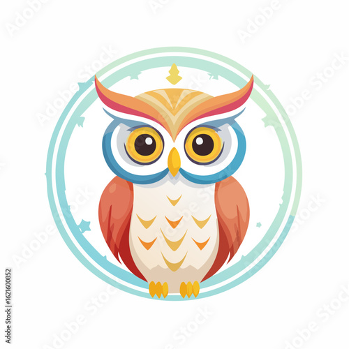 Colorful owl illustration set against a decorative circular frame with soft pastel color schemes