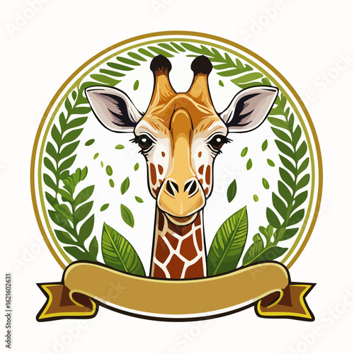 Adorable Giraffe Portrait Framed by Lush Greenery in a Circular Emblem Design