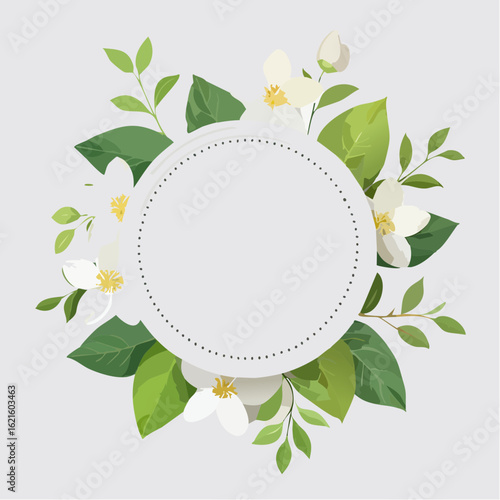 Elegant floral frame with jasmine flowers and green leaves for invitations and cards design