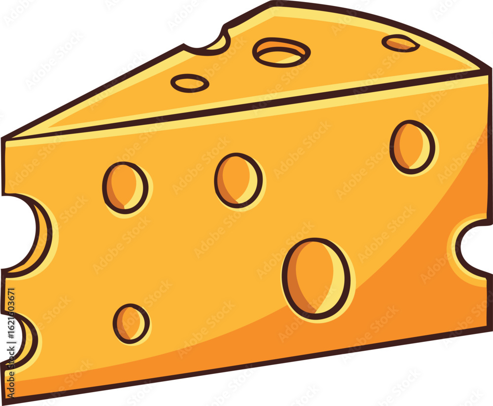 Fototapeta premium Cartoon illustration of a triangular cheese slice with holes, on a white background.