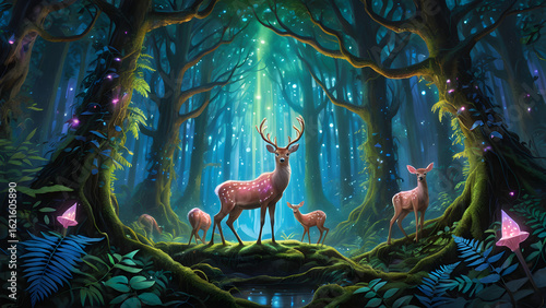 Leuchtende Hirsche im verzauberten Zauberwald bei Nacht - Frame TV Wallpaper - Magisches Hintergrundbild