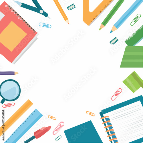 Arrangement of various school supplies creates a vibrant border for educational content