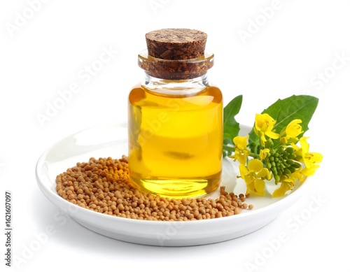 Mustard oil in a glass bottle with mustard seeds and flower