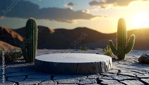 A stone platform in a desert landscape, perfect for showcasing products against a backdrop of cacti and a stunning sunset.