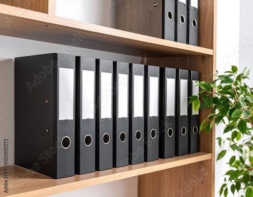 Organized black file folders on a wooden shelf