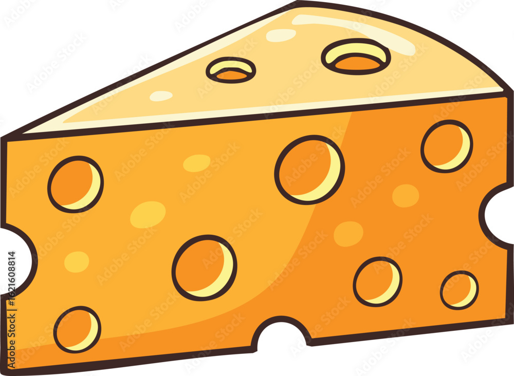 Cartoon illustration of a wedge-shaped piece of Swiss cheese with characteristic holes. Cartoon illustration of a wedge-shaped piece of Swiss cheese with characteristic holes.