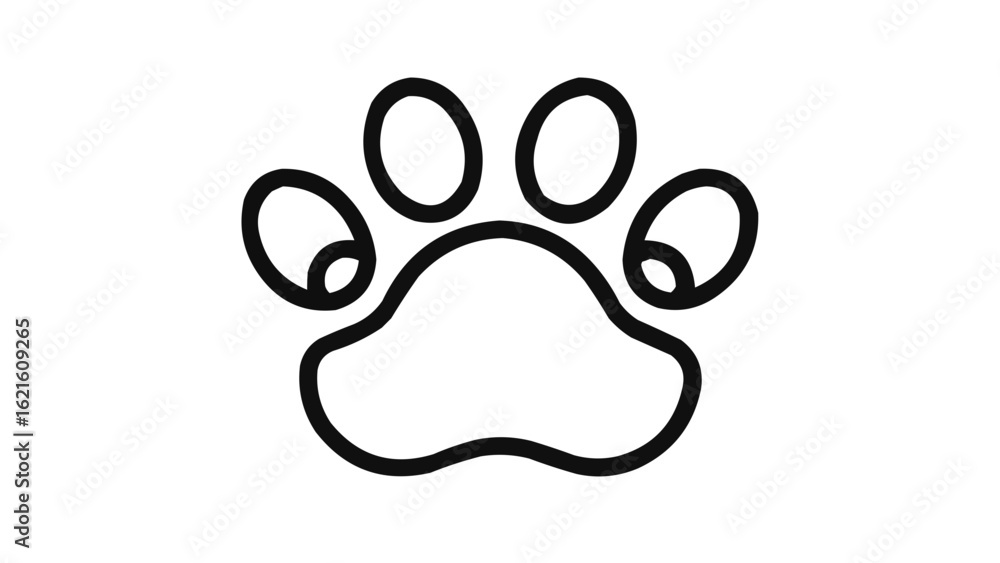 Outline illustration of a paw print with four toes and defined pads in a simple black and white design Outline illustration of a paw print with four toes and defined pads in a simple black and white design