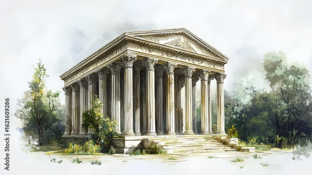 Obraz premium Ancient Grecian Temple Architecture Watercolor Painting