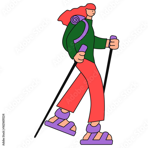 Active Lifestyle Illustration Woman Hiking with Backpack and Trekking Poles, Embracing Outdoor Adventure and Wellness