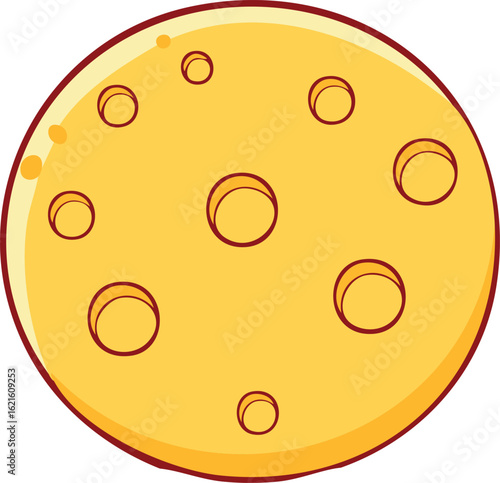 Cartoon illustration of a round piece of Swiss cheese with holes.