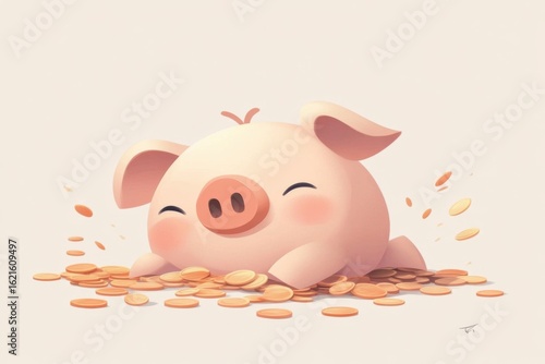 Happy Piggy Bank Surrounded by Coins in a Cute Cartoon Style