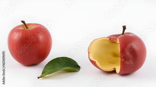 Fresh Red Apple Compared To Rotten Decayed Apple Fruit Against White Background