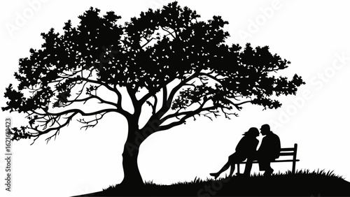 Silhouette of a Couple Sitting on a Bench Under a Large Tree in Nature