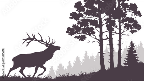 Silhouette of a Majestic Deer Stalking Through a Dense Forest Landscape