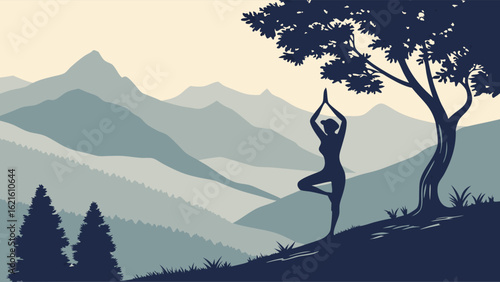 Silhouette of a Woman Practicing Yoga in Front of Mountain Landscape at Sunset