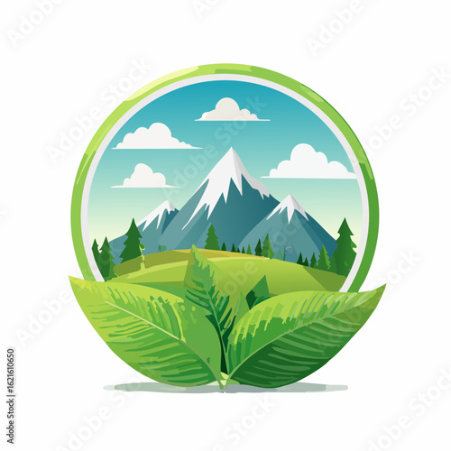 Serene mountain landscape encircled by verdant leaves symbolizing nature and tranquility