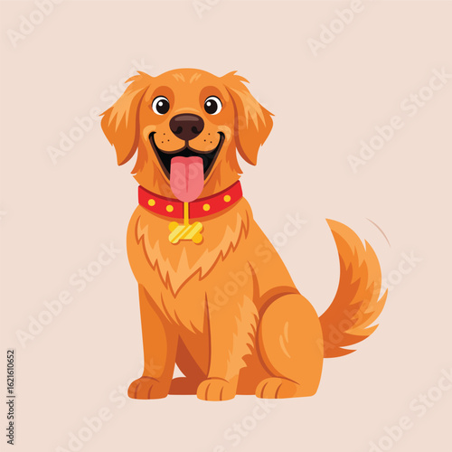 A cartoon Golden Retriever sits patiently with its tongue out wearing a red collar and bone tag.
