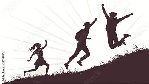 Group of Children Joyfully Running and Jumping Silhouetted Against a Sunrise